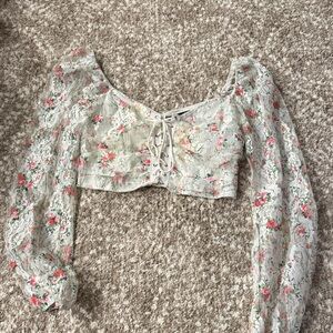 Floral Lace-Up Crop Top - Cream and Pink